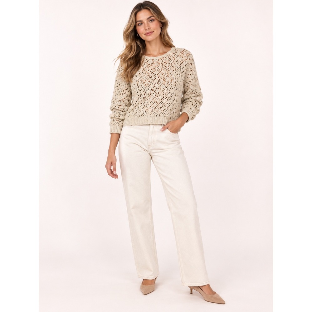 Artelier Nicole Miller Beige Crochet Open Knit Cotton Sweater Medium M